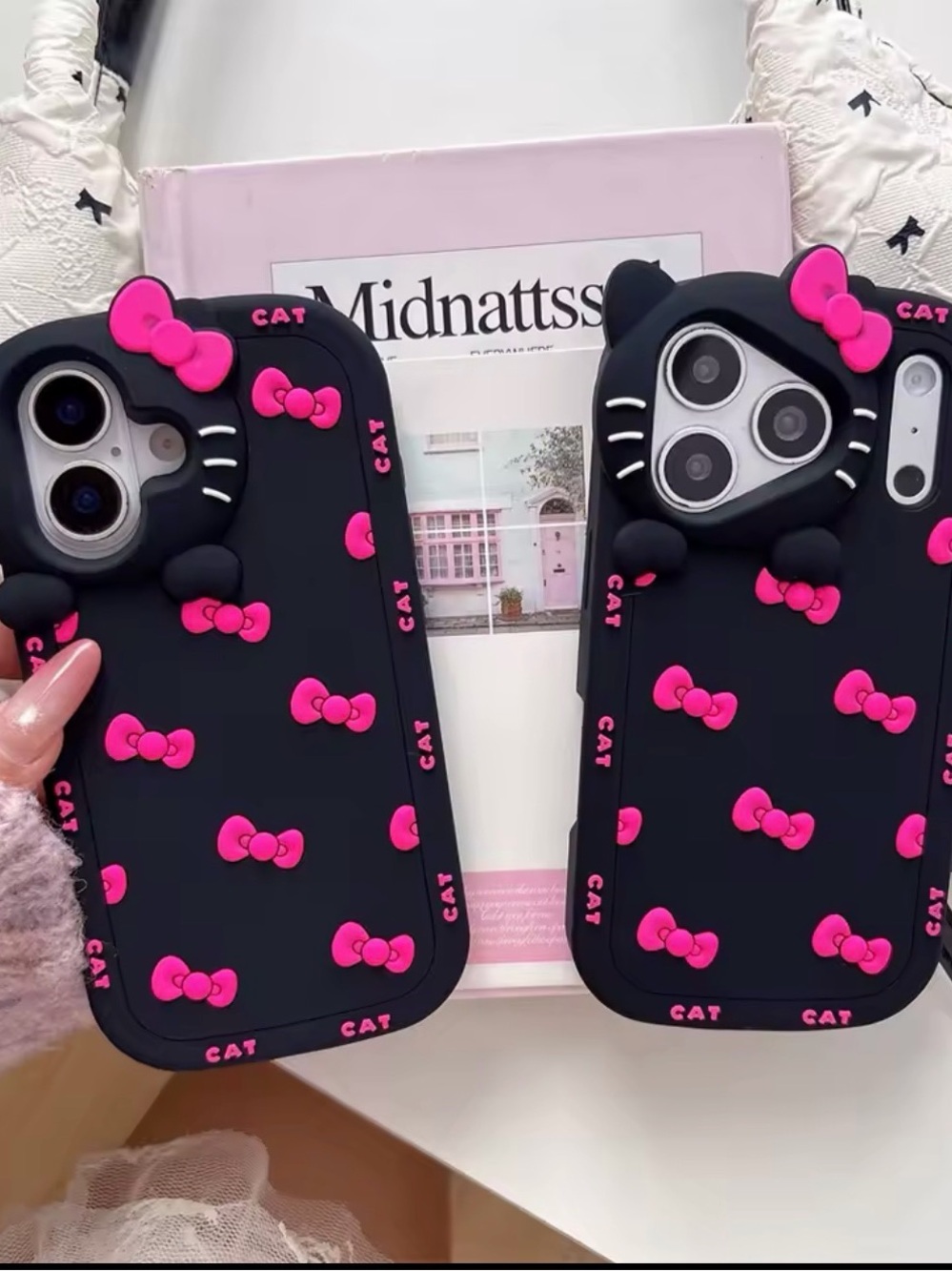 Cute Black & Pink Cat Silicone Phone Case - Cute Bow Design iPhone 17 pro max